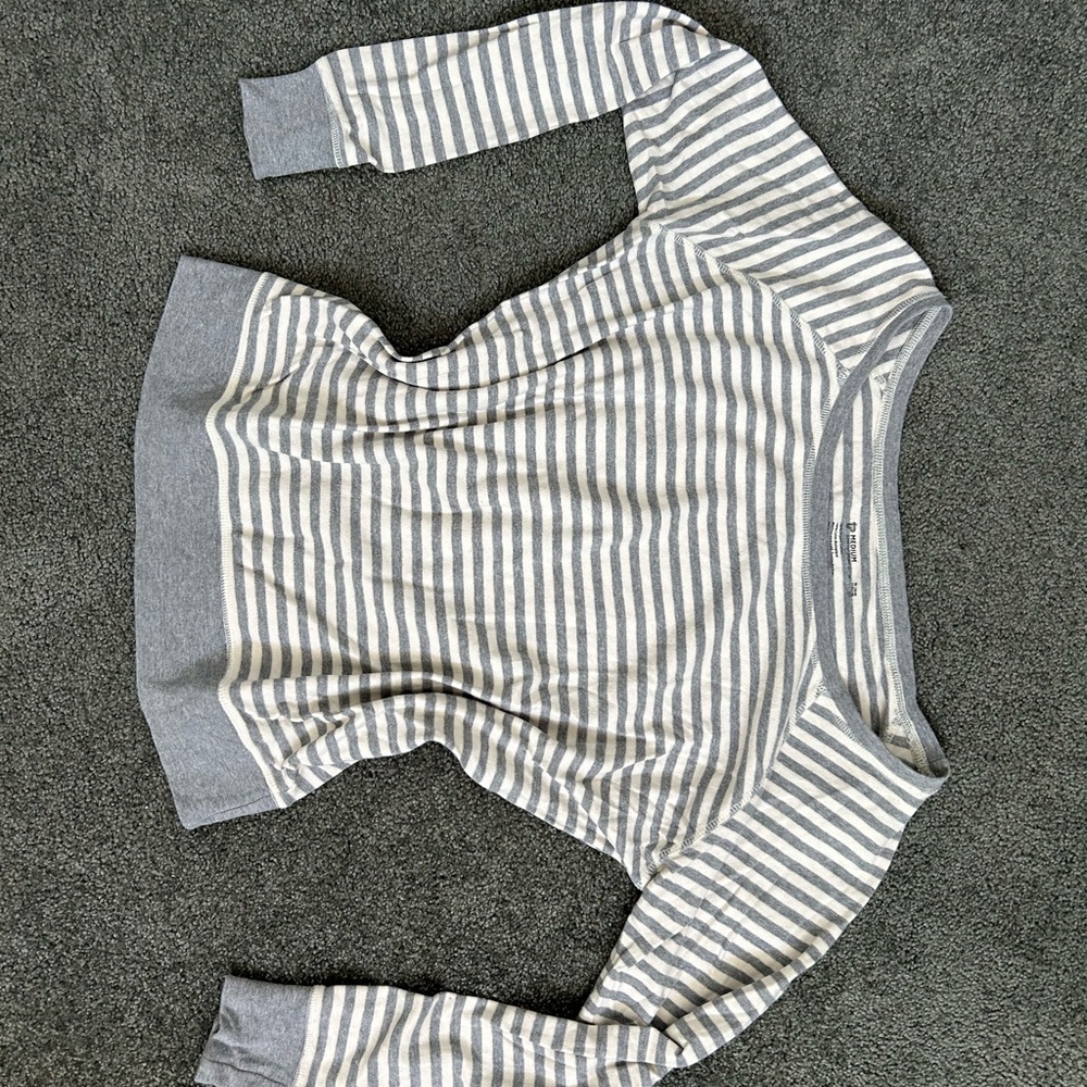 PACT Gray and White Striped Sweater